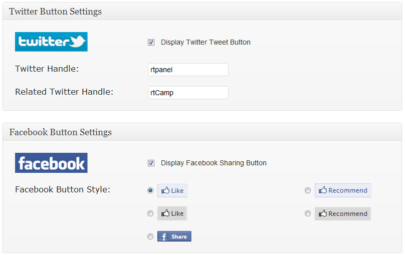 rtSocial Twitter & Facebook Buttons' Settings