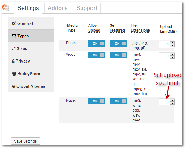 Upload file size limit under settings.