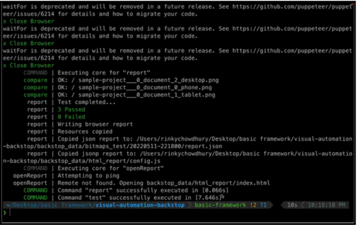 Visual Automation framework Installation and configuration output