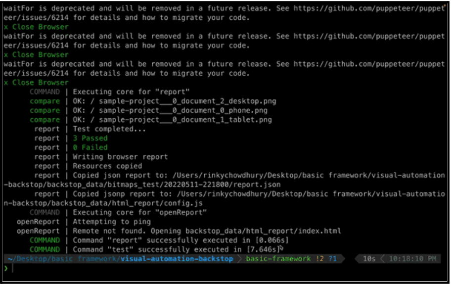 Visual Automation framework Installation and configuration output