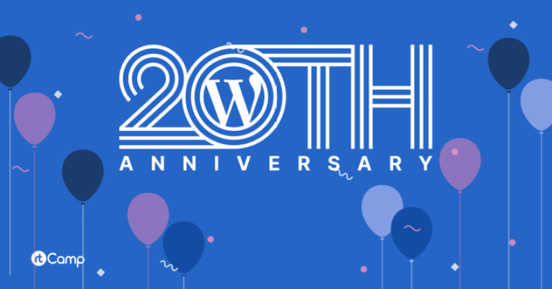 A celebratory image featuring commemorative logo for 20th WordPress Anniversary