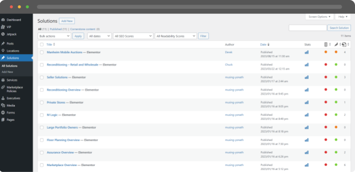 Manheim website's custom post types on WordPress dabhboard in AEM to WordPress migration project by rtCamp