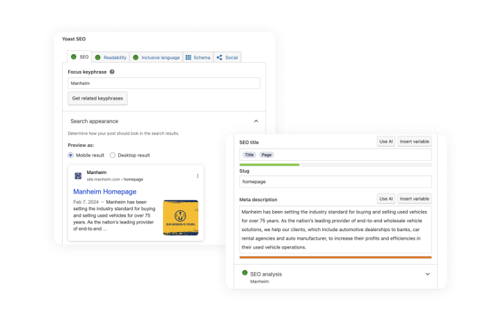 Manheim website's Yoast setting in AEM to WordPress migration project by rtCamp