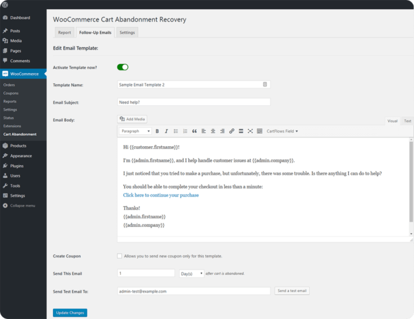 Cart abandonment recovery plugin settings