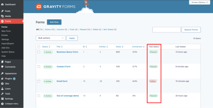 High-level view of forms test status