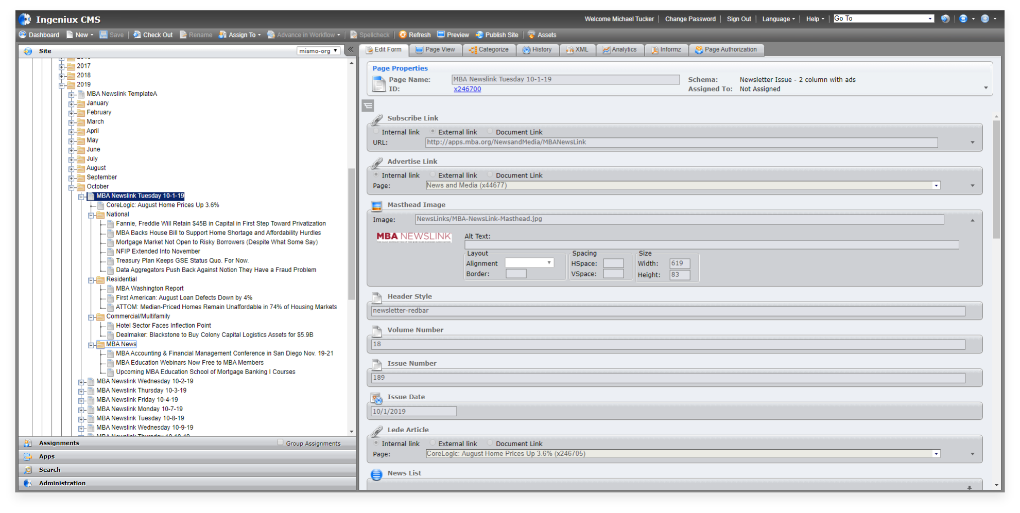 MBA Newslink website's former Ingeniux CMS-based newsletter creation interface