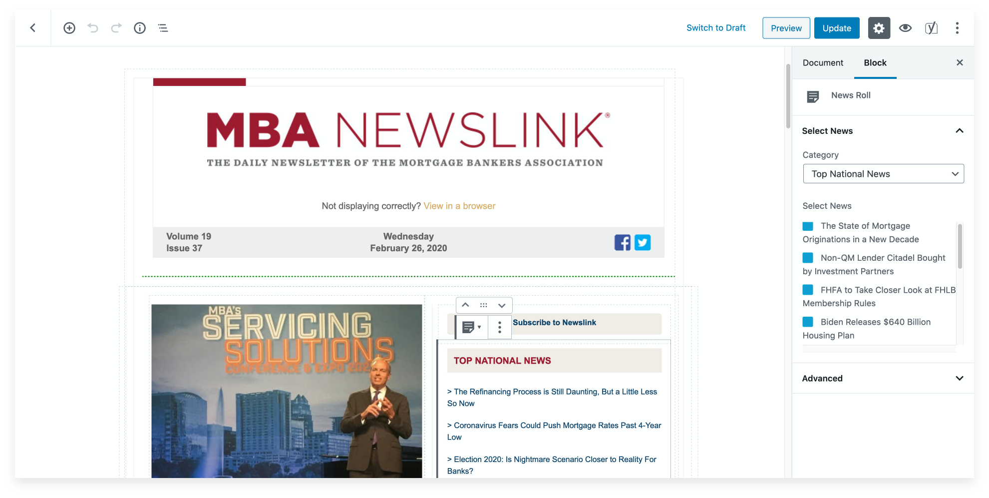 MBA Newslink website's integrated WYSIWYG workflow, built with WordPress & Gutenberg by rtCamp