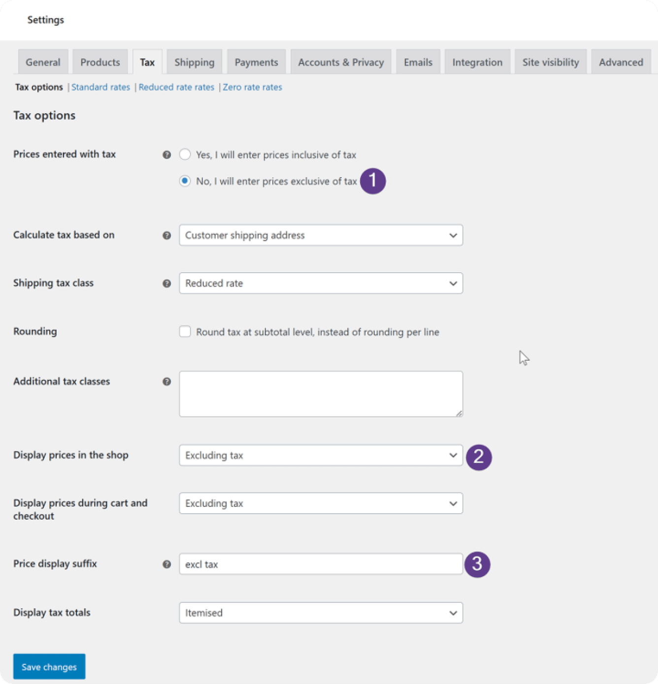 WooCommerce settings display prices without tax