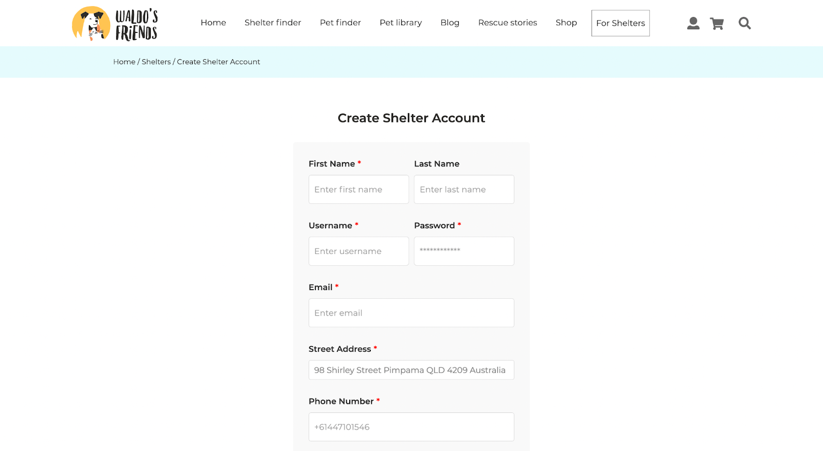 Shelter registration page for Waldo's Friends 