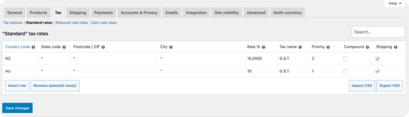 WooCommerce settings add different tax rates
