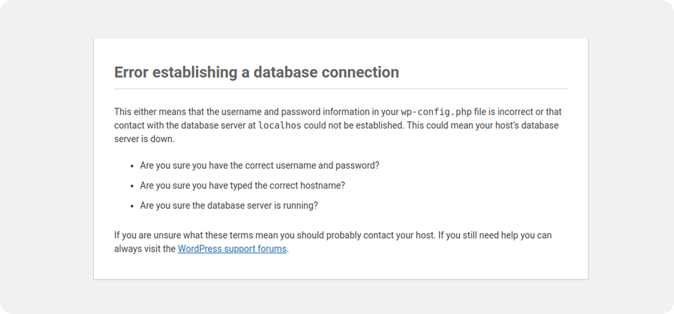 Error establishing a database connection message shown