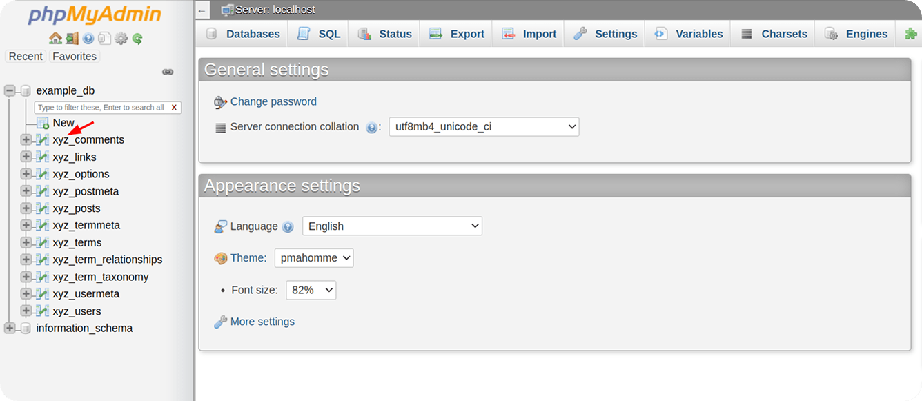 phpMyAdmin table prefix