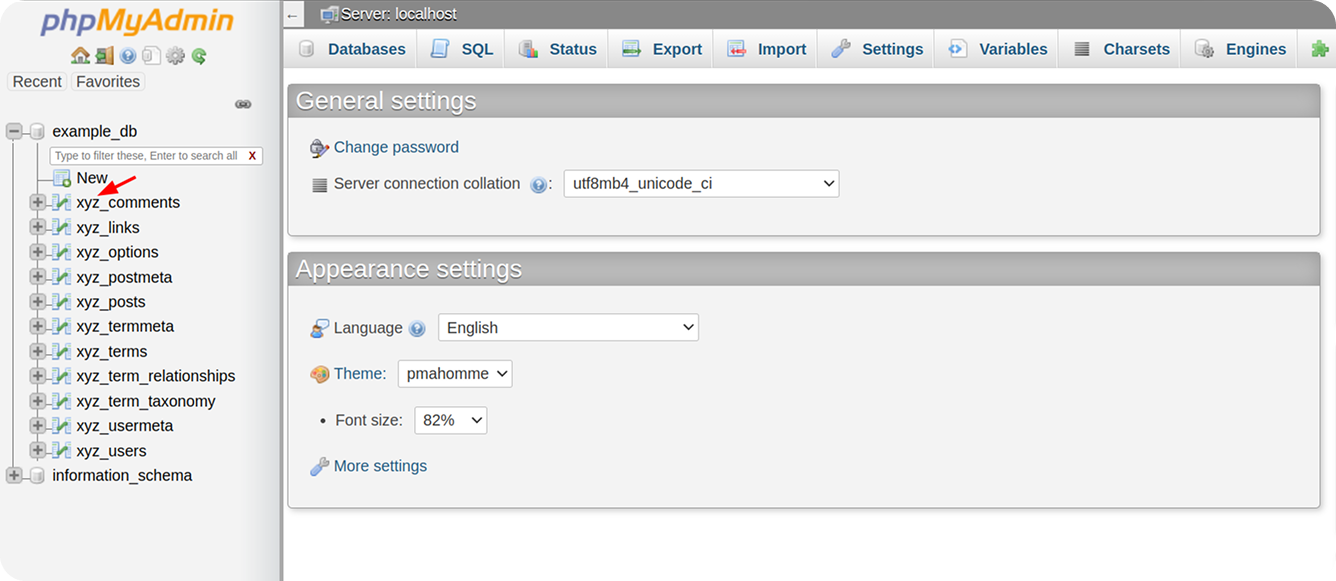 phpMyAdmin table prefix