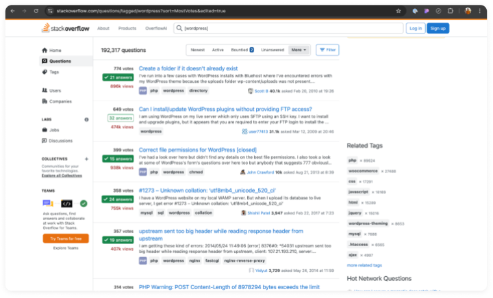 WordPress questions and answers in Stackoverflow