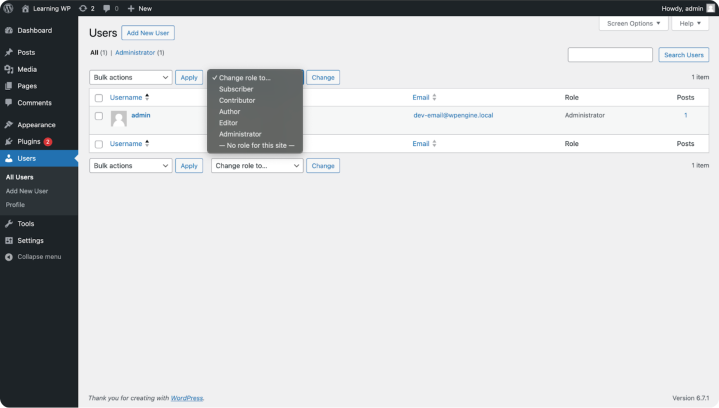 Users management WordPress dashboard