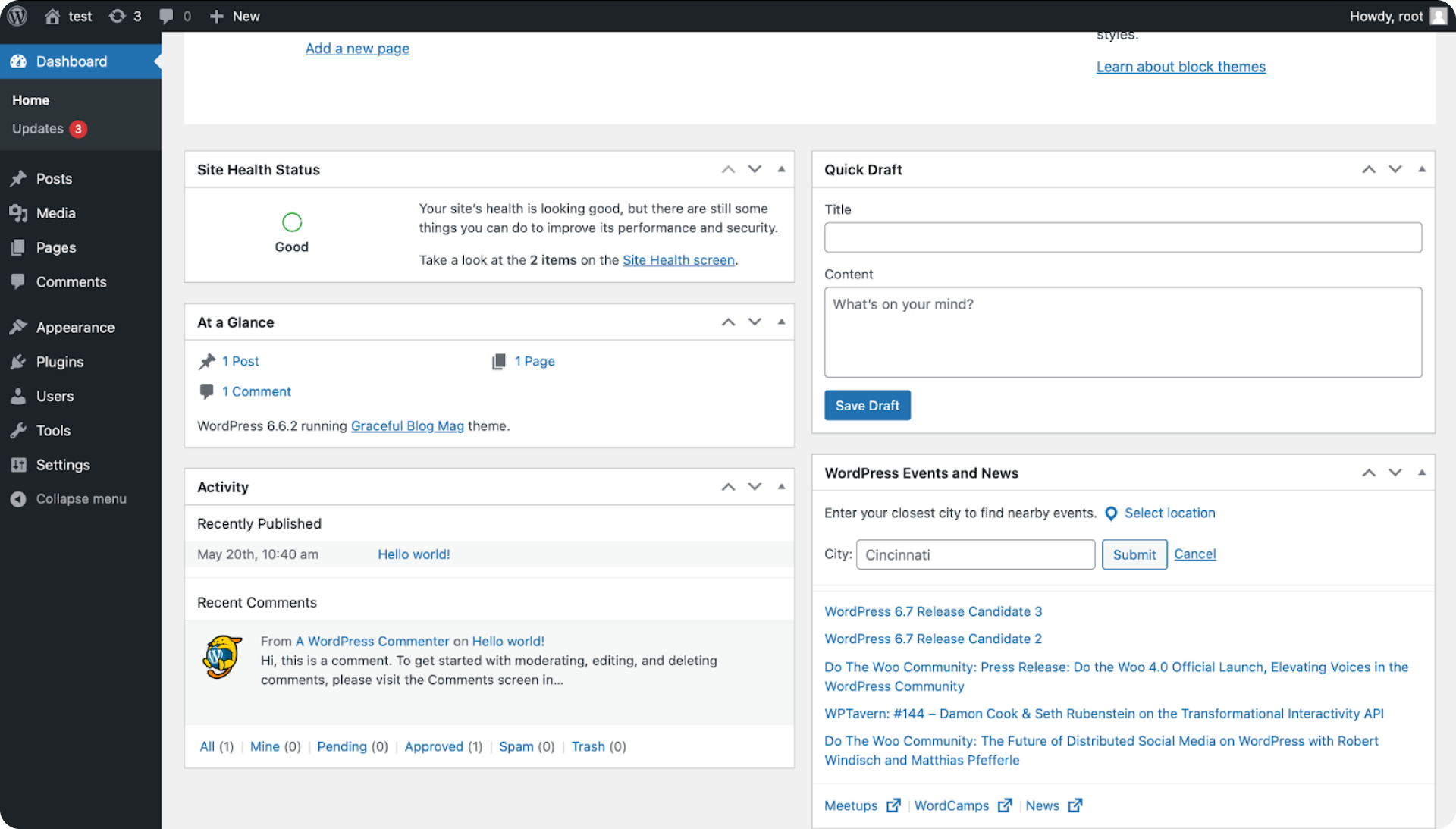 WordPress dashboard
