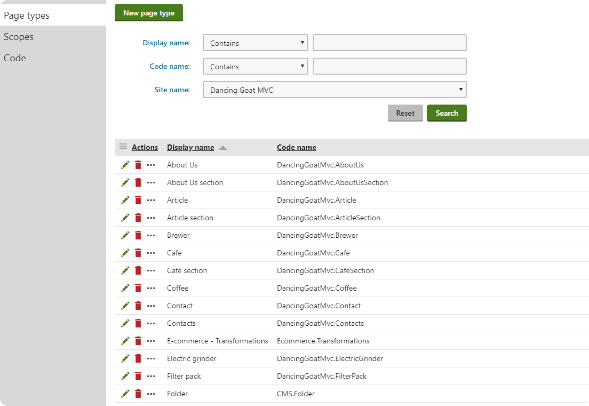 Kentico page types