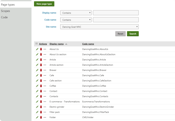 Kentico page types
