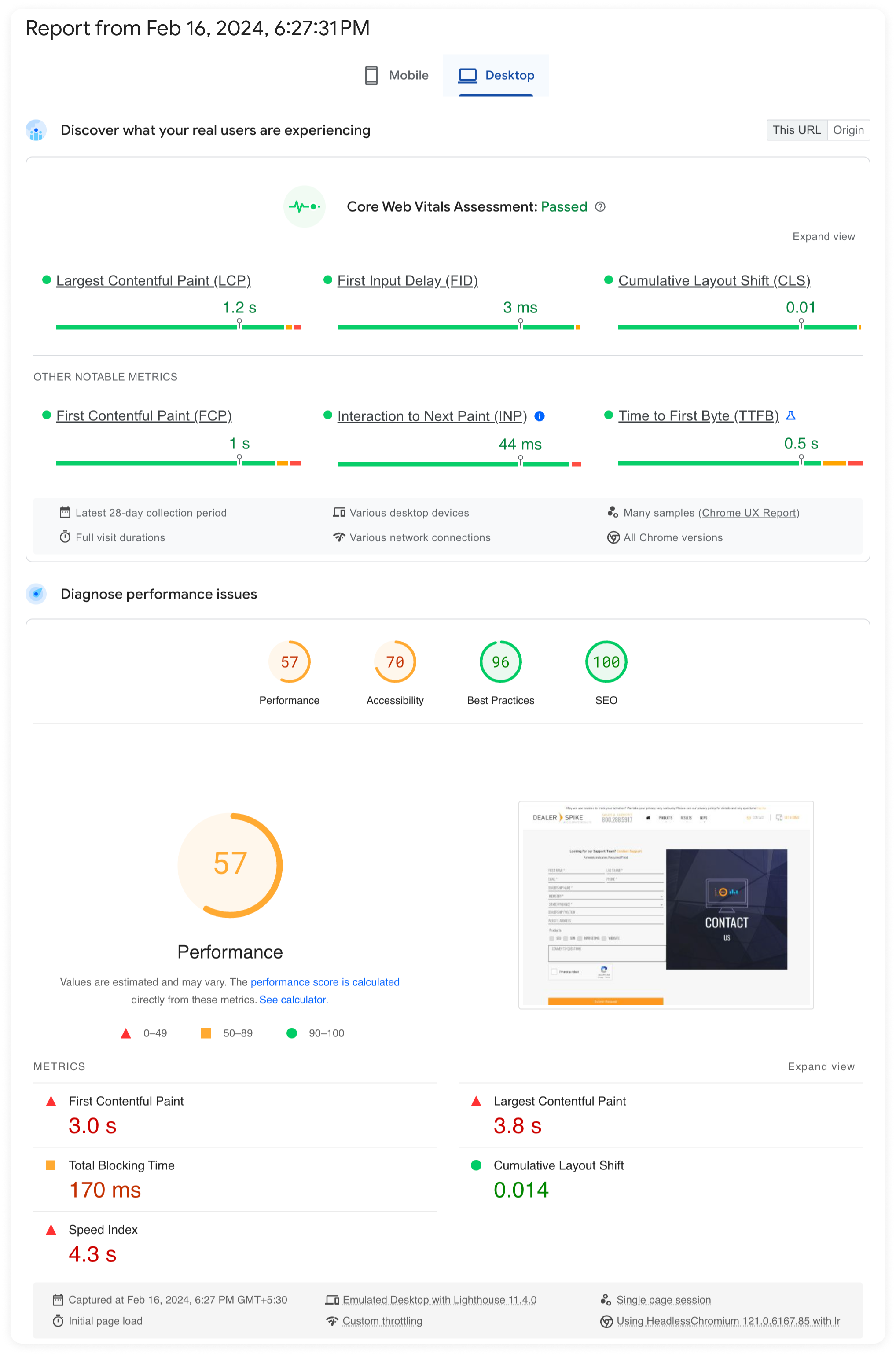 Dealer spike - Core Web Vitals result - before the migration 