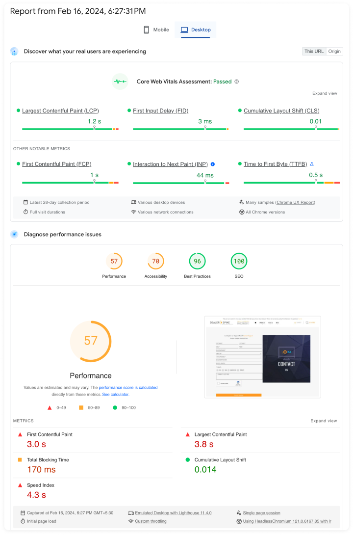 Dealer spike - Core Web Vitals result - before the migration 