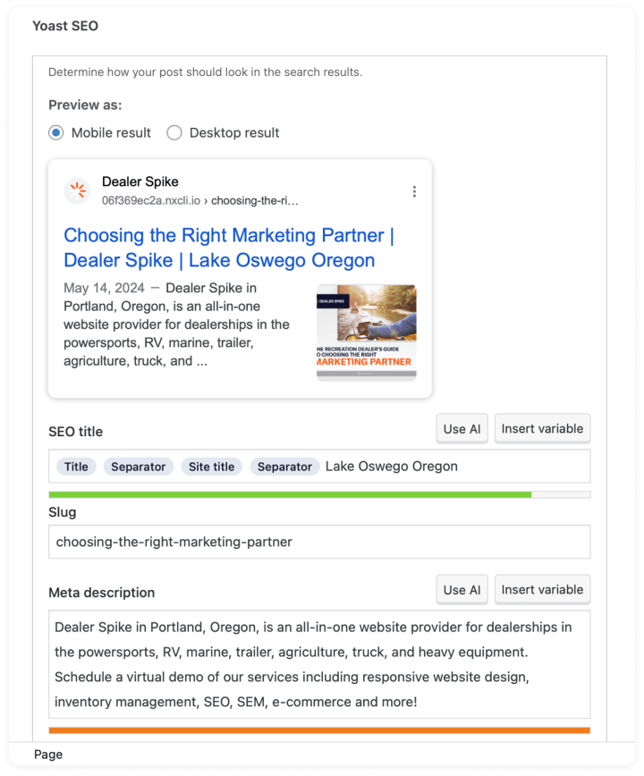 Yoast SEO plugin - setting on the WordPress backend
