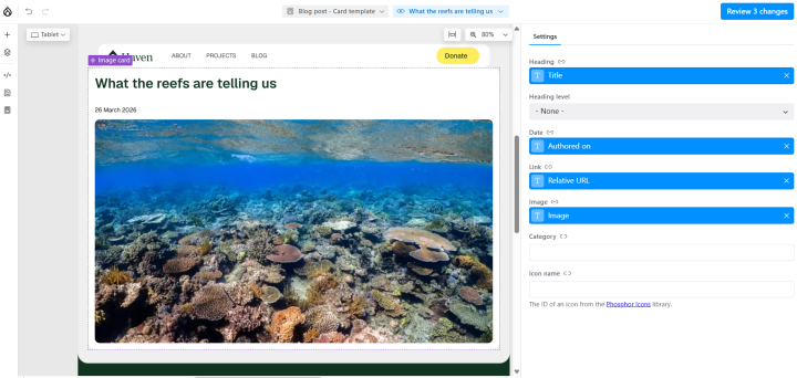 Drupal Canvas visual page builder editing a blog post card component, with the settings panel showing content field mappings for heading, date, link, and image.