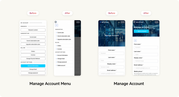 Alpha target - Manage account and manage account menu mobile design