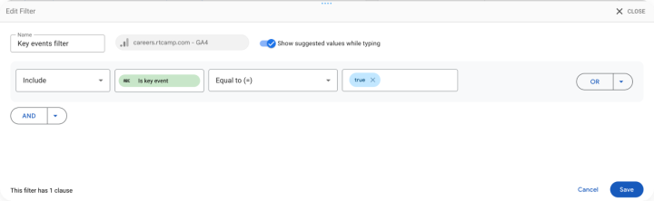 Filters for Key Events in Looker studio