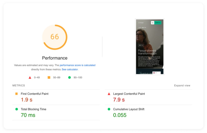 Core Web Vitals score before Pasqal WordPress VIP migration