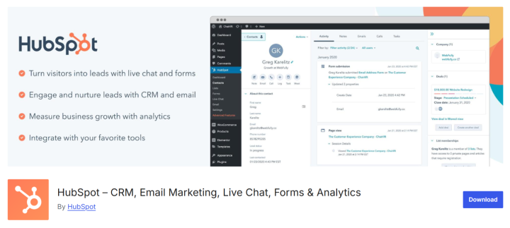 HubSpot WordPress plugin interface