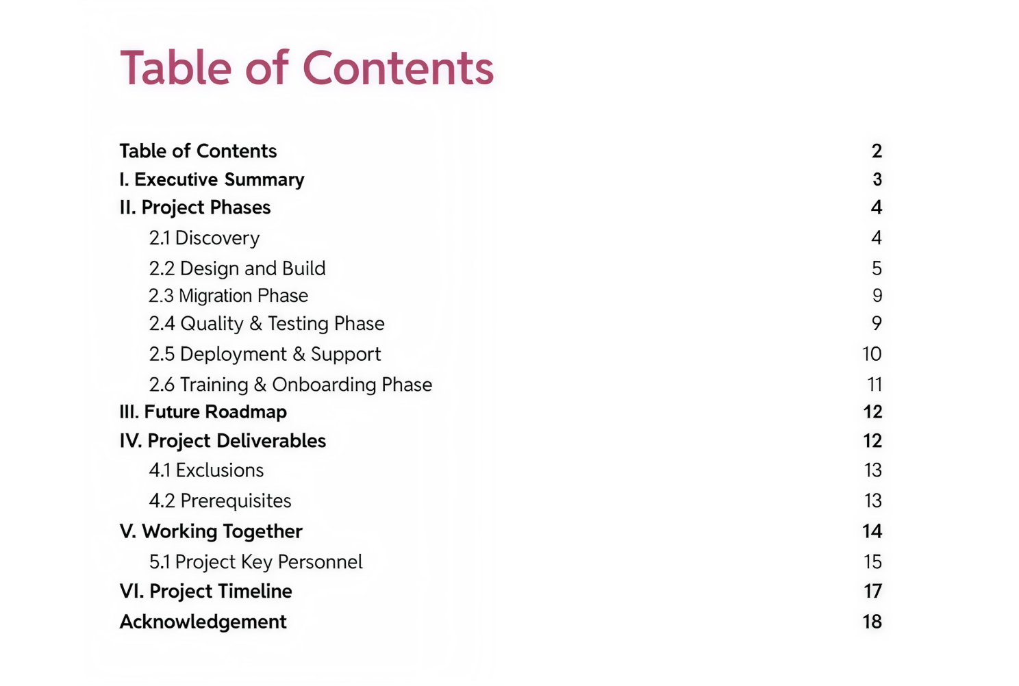 CMS platform migration to WordPress project Statement of Work table of contents image shown