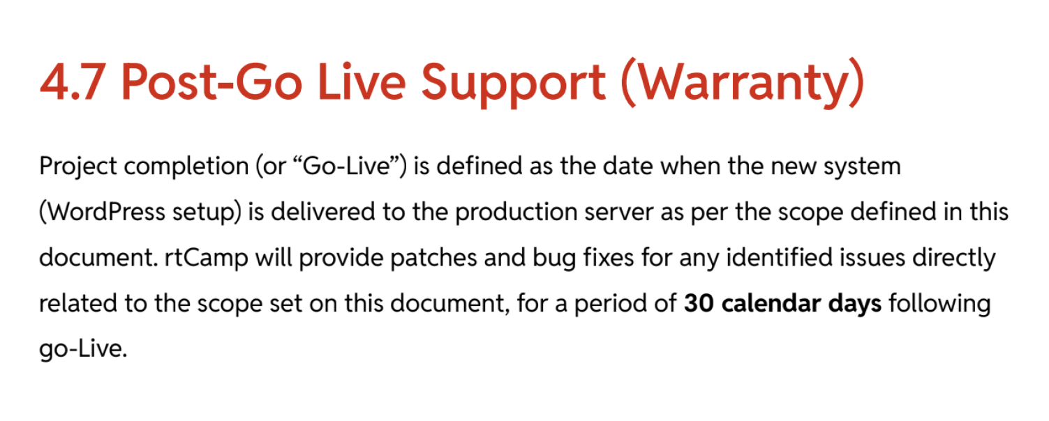 CMS platform migration to WordPress project Post-Go Live support warranty clause image shown