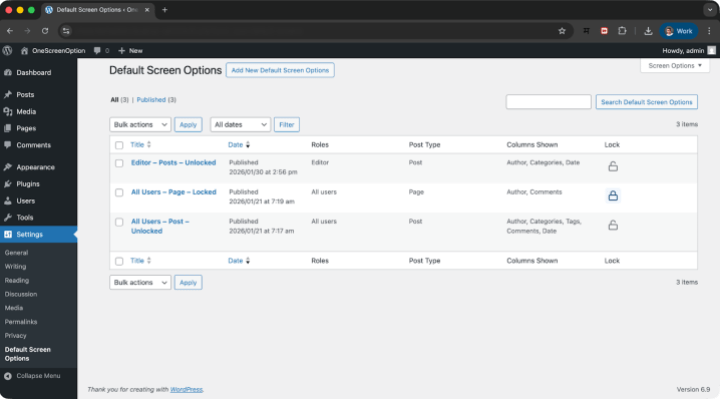 default screen options in WordPress admin panel