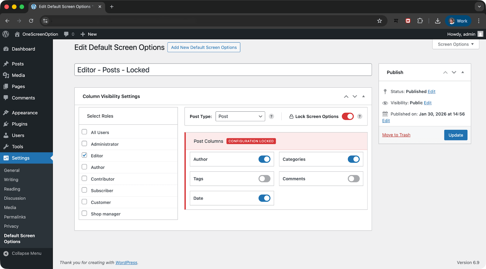 edit default screen options in WordPress admin panel