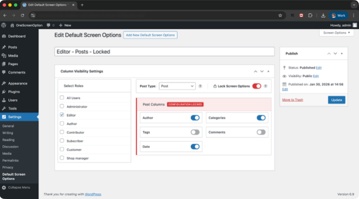 edit default screen options in WordPress admin panel
