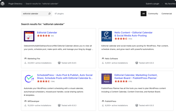 “Editorial calendar” plugin options from the WP plugins repository 