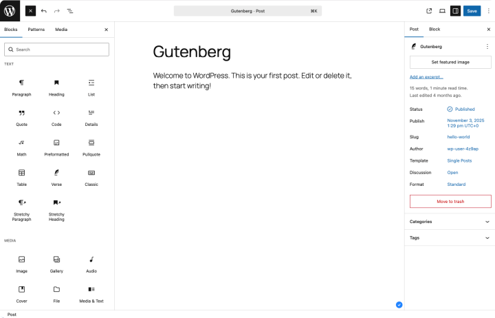 Gutenberg editor screenshot
