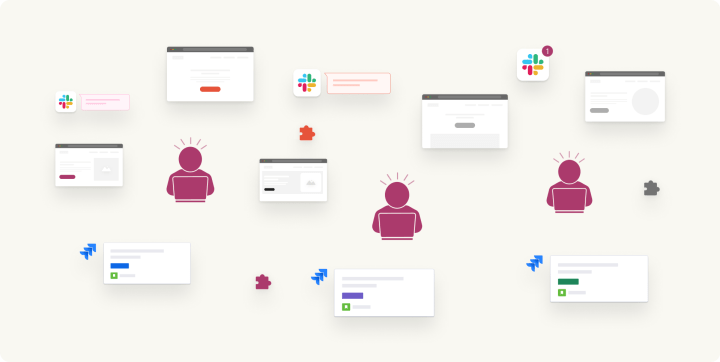 People working with overwhelming swarm of web browser windows