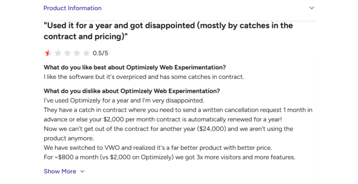 Review from a user of Optimizely who used the platform for a year and ended up being very disappointed. They complained about being asked to send a written cancellation request 1 month in advance or be forced to renew the monthly $2,000 contract for another year even if they aren’t using the product again.