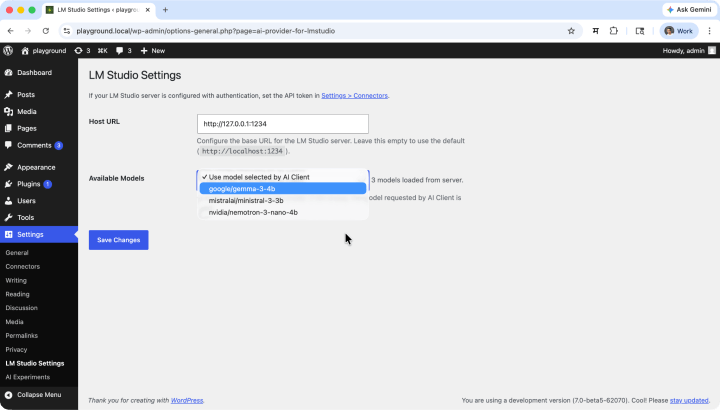 LM Studio Connector Settings in WordPress