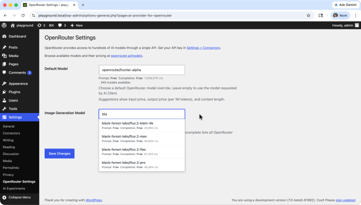 OpenRouter Connector Settings in WordPress