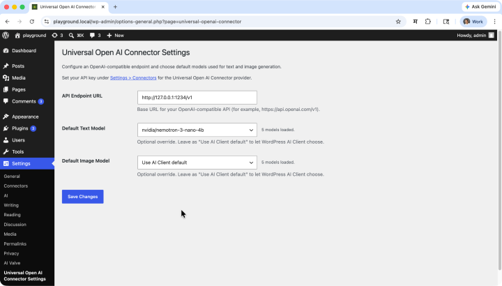 Universal OpenAI Connector Settings in WordPress
