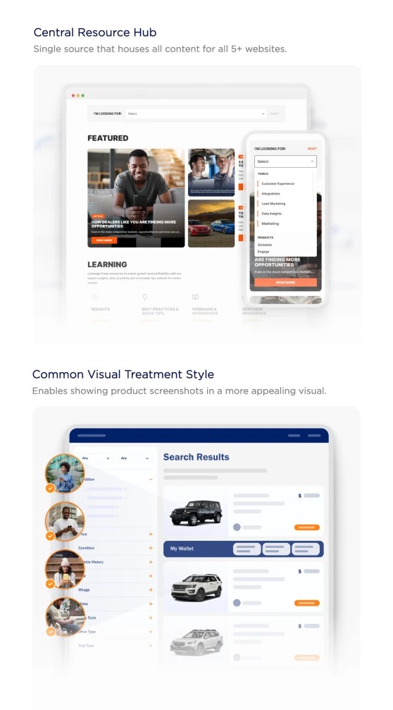 Central resource hub and common visual treatment style on Cox Automotive website