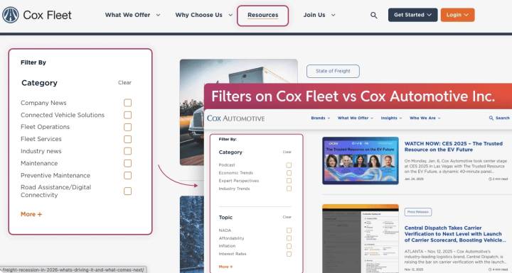 Filters on Cox Fleet website