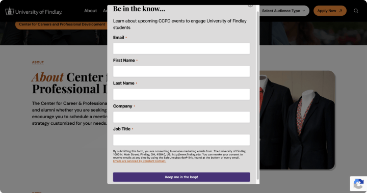 University of Findlay Gravity Forms entry popup