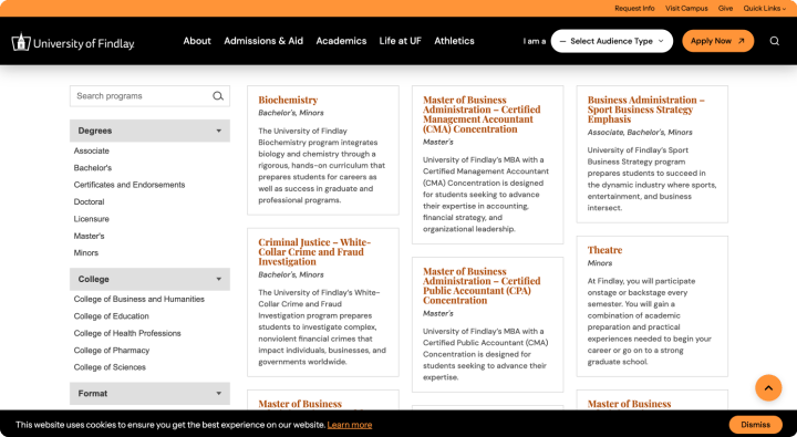 University of Findlay program finder