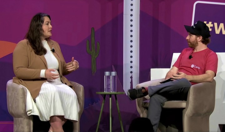 David Levine interviewing Waymo's Amanda Ventura at the Keynote Fireside Chat at WordCamp US 2026.