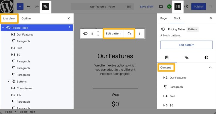 WordPress Block Editor showing a Pricing Table pattern in List View, with the pattern being edited in the main canvas and Content panel open on the right.