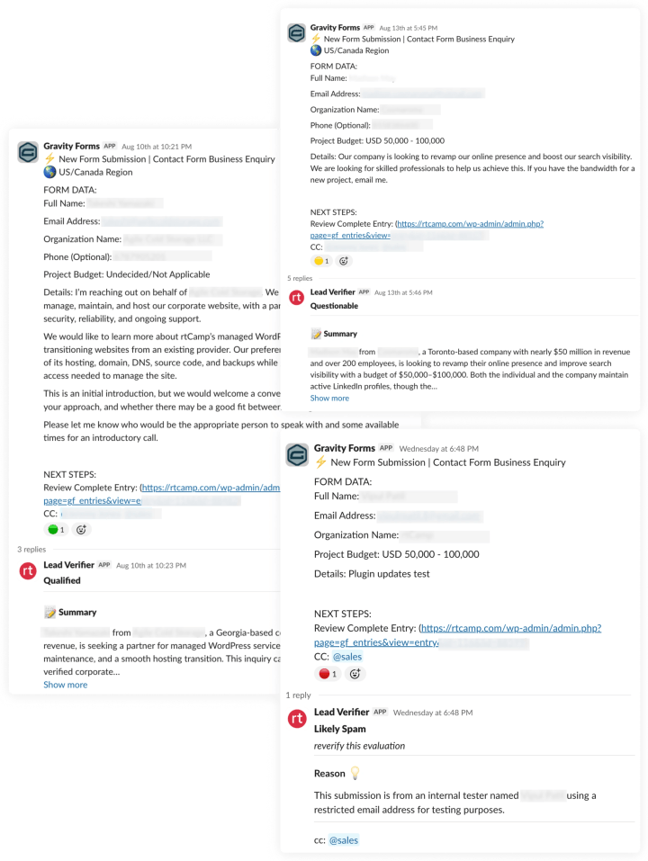 Multiple qualified/spam leads recognized by our AI automation process