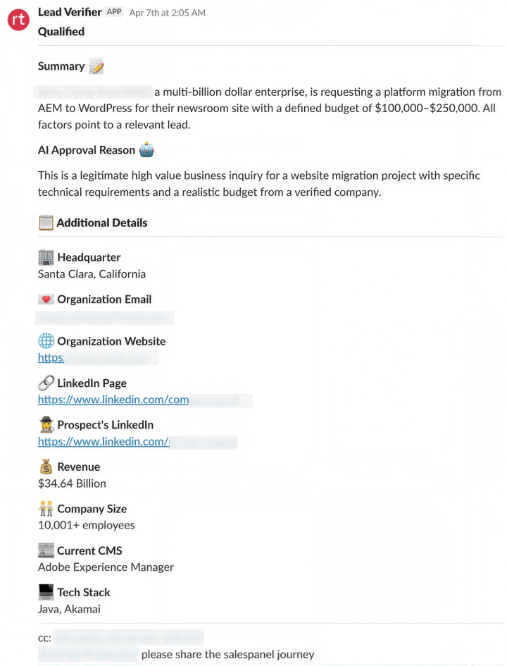 Example of a qualified lead through our AI Automation Bot